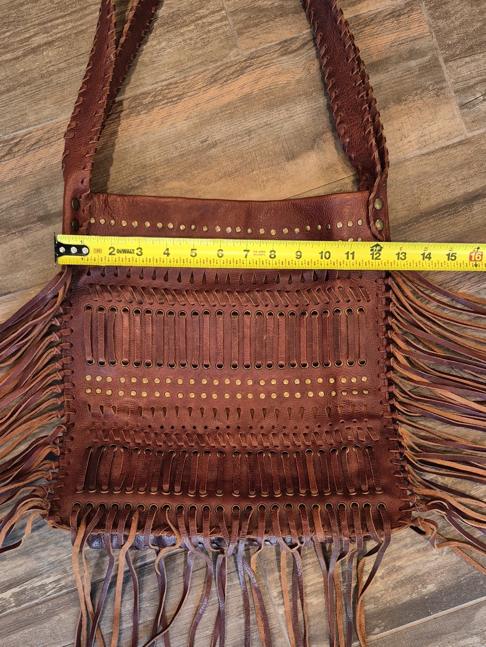 Raj Anthropologie Dark Brown Fringe Studded Whipstitch Leather Shoulder Bag - Picture 14 of 15